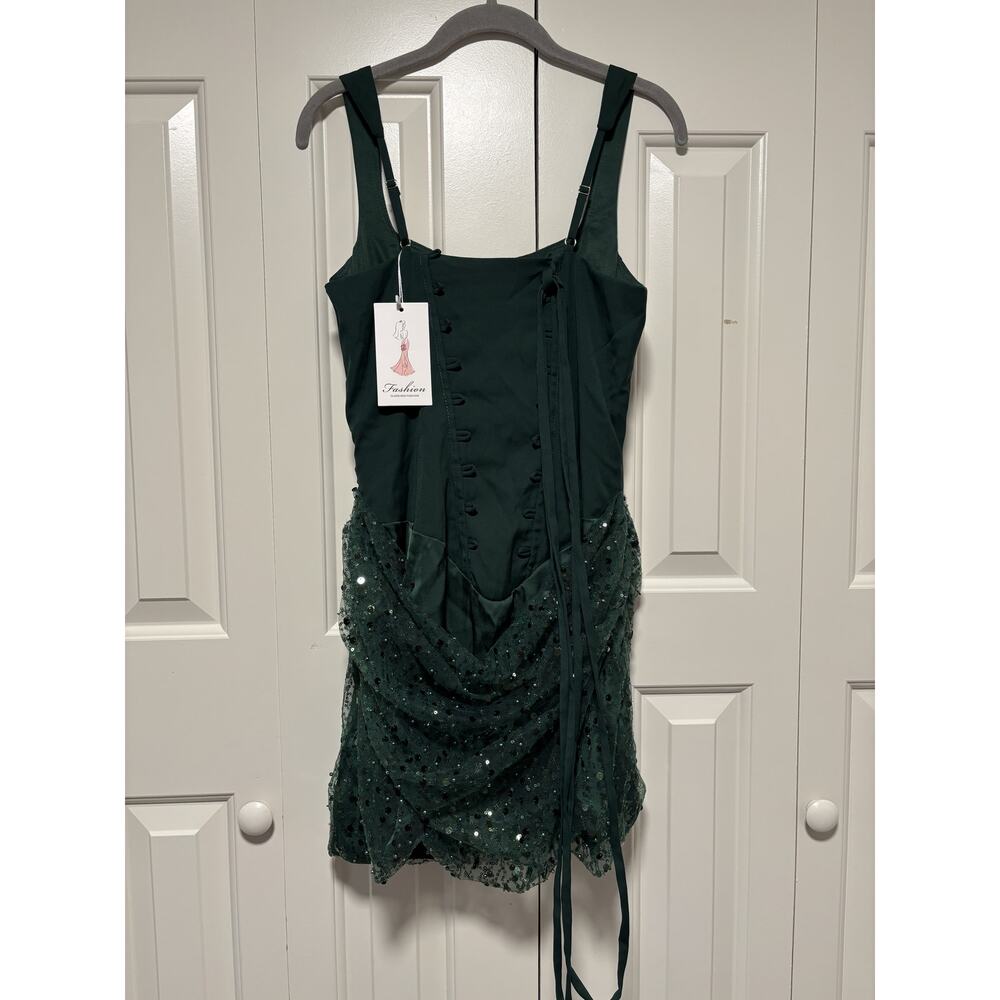 Dark Green Sequin Draped Mini Dress Size 10 - Picture 7 of 7